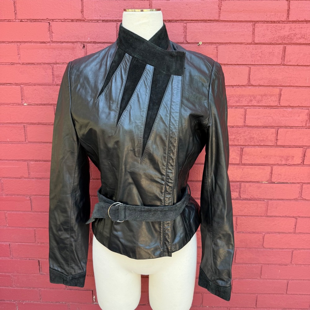 Vintage Wilsons Leather Suede Inlay Belted Jacket Black Asymmetrical Womens 12